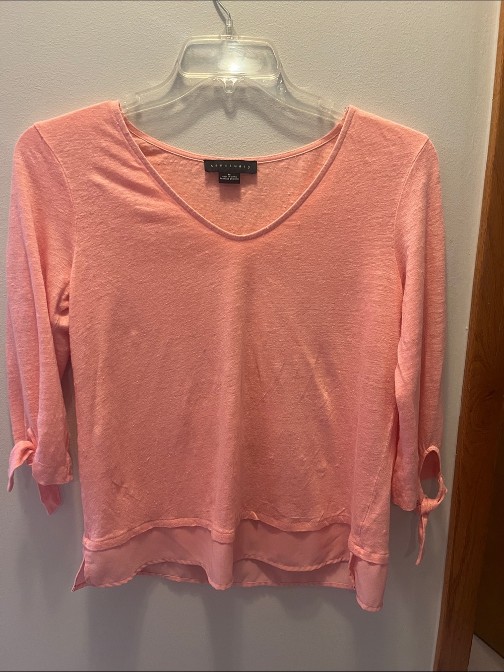 Sanctuary Women's Light Pink V-Neck Tie-Sleeve Layered Hem Blouse